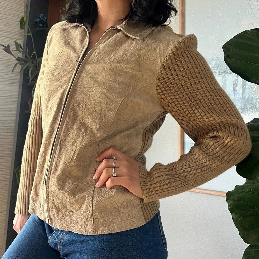Vintage Leather Suede Knit Jacket Tan Zip Up Fitted Equestrian Minimal 90s‎